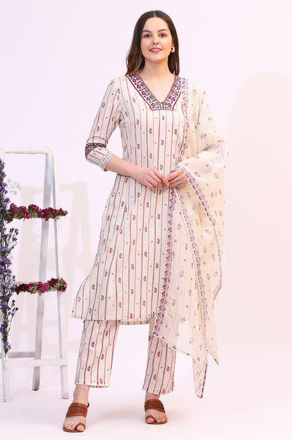 Off-White Paisley Printed Pure Cotton Straight Kurta, Pants and Dupatta Set