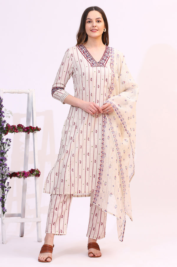 Off-White Paisley Printed Pure Cotton Straight Kurta, Pants and Dupatta Set