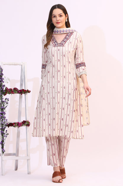 Off-White Paisley Printed Pure Cotton Straight Kurta, Pants and Dupatta Set