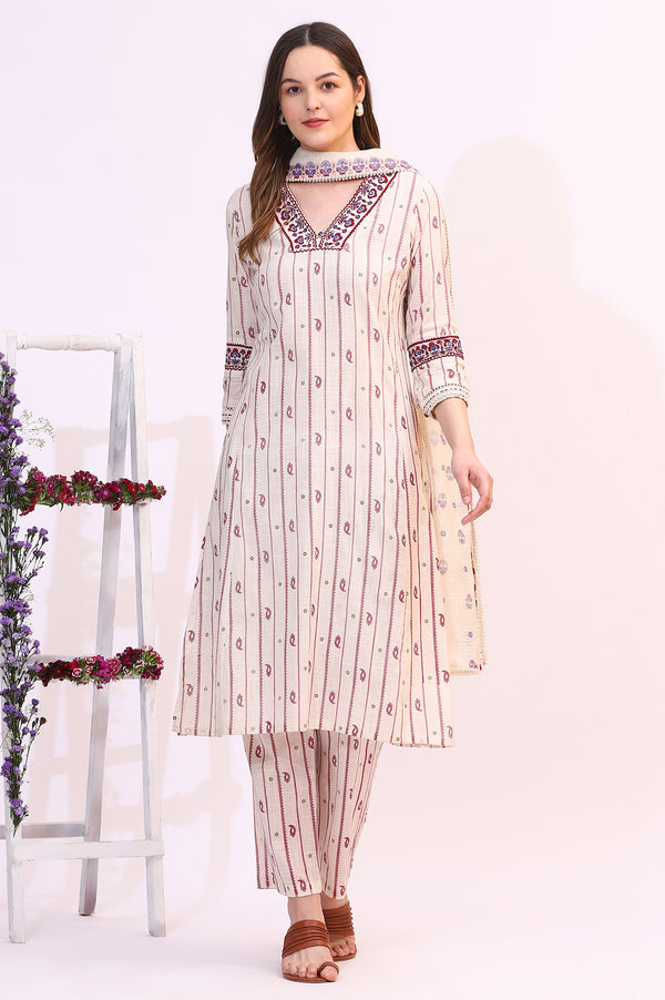 Off-White Paisley Printed Pure Cotton Straight Kurta, Pants and Dupatta Set