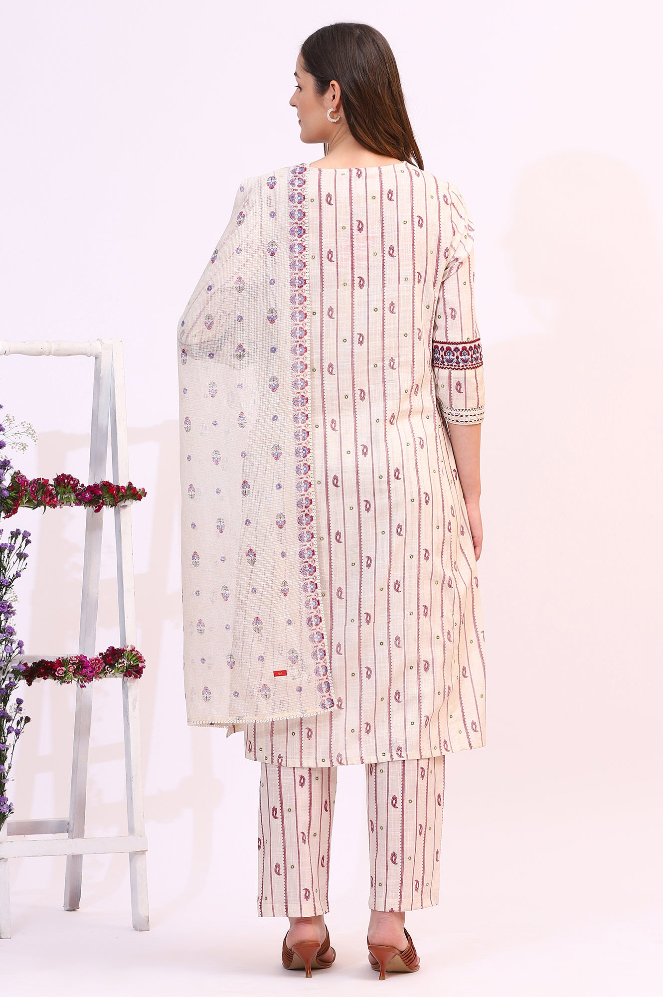 Off-White Paisley Printed Pure Cotton Straight Kurta, Pants and Dupatta Set