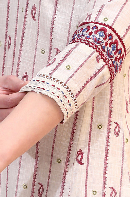 Off-White Paisley Printed Pure Cotton Straight Kurta, Pants and Dupatta Set