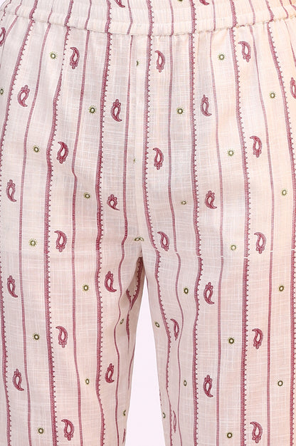 Off-White Paisley Printed Pure Cotton Straight Kurta, Pants and Dupatta Set