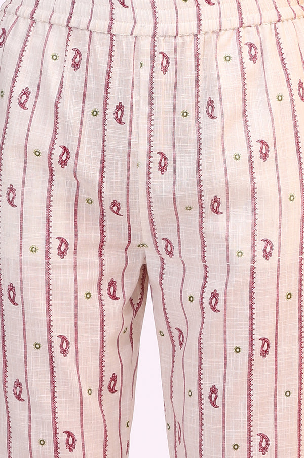 Off-White Paisley Printed Pure Cotton Straight Kurta, Pants and Dupatta Set