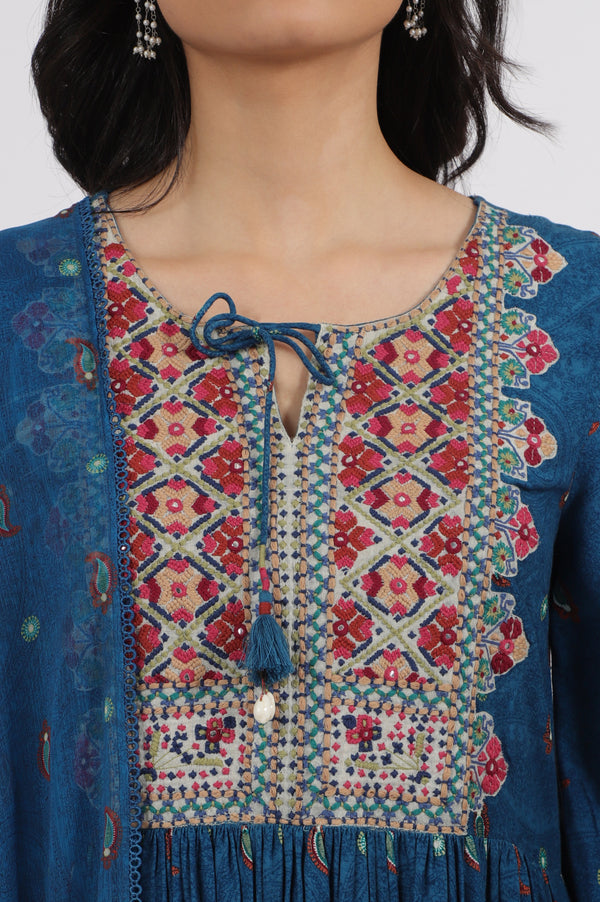 Teal Blue Embroidered Yoke Rayon Kurta, Straight Pants and Dupatta Set