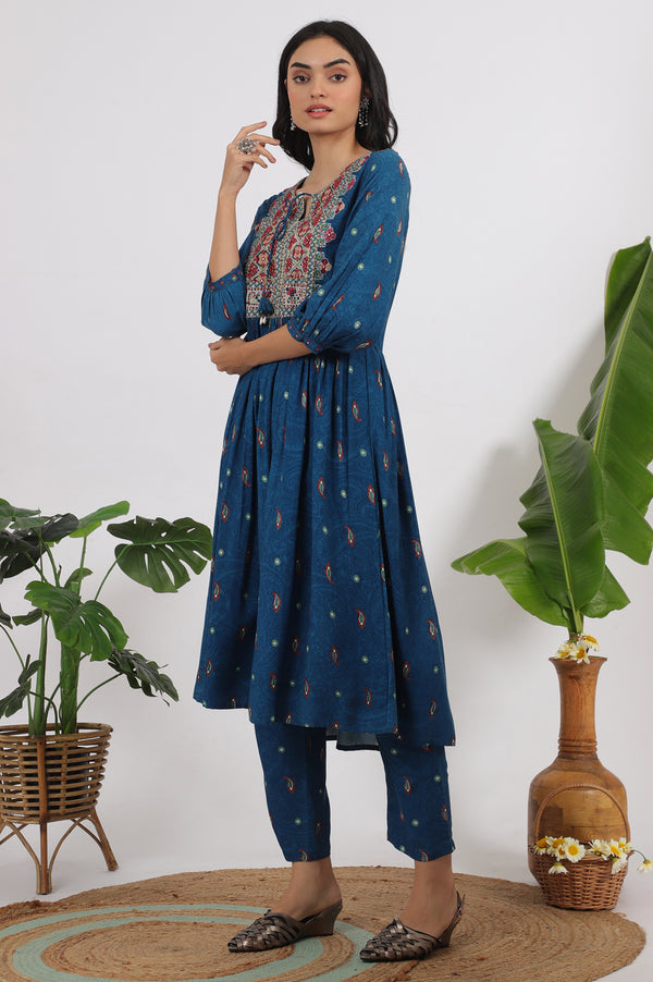 Teal Blue Embroidered Yoke Rayon Kurta, Straight Pants and Dupatta Set