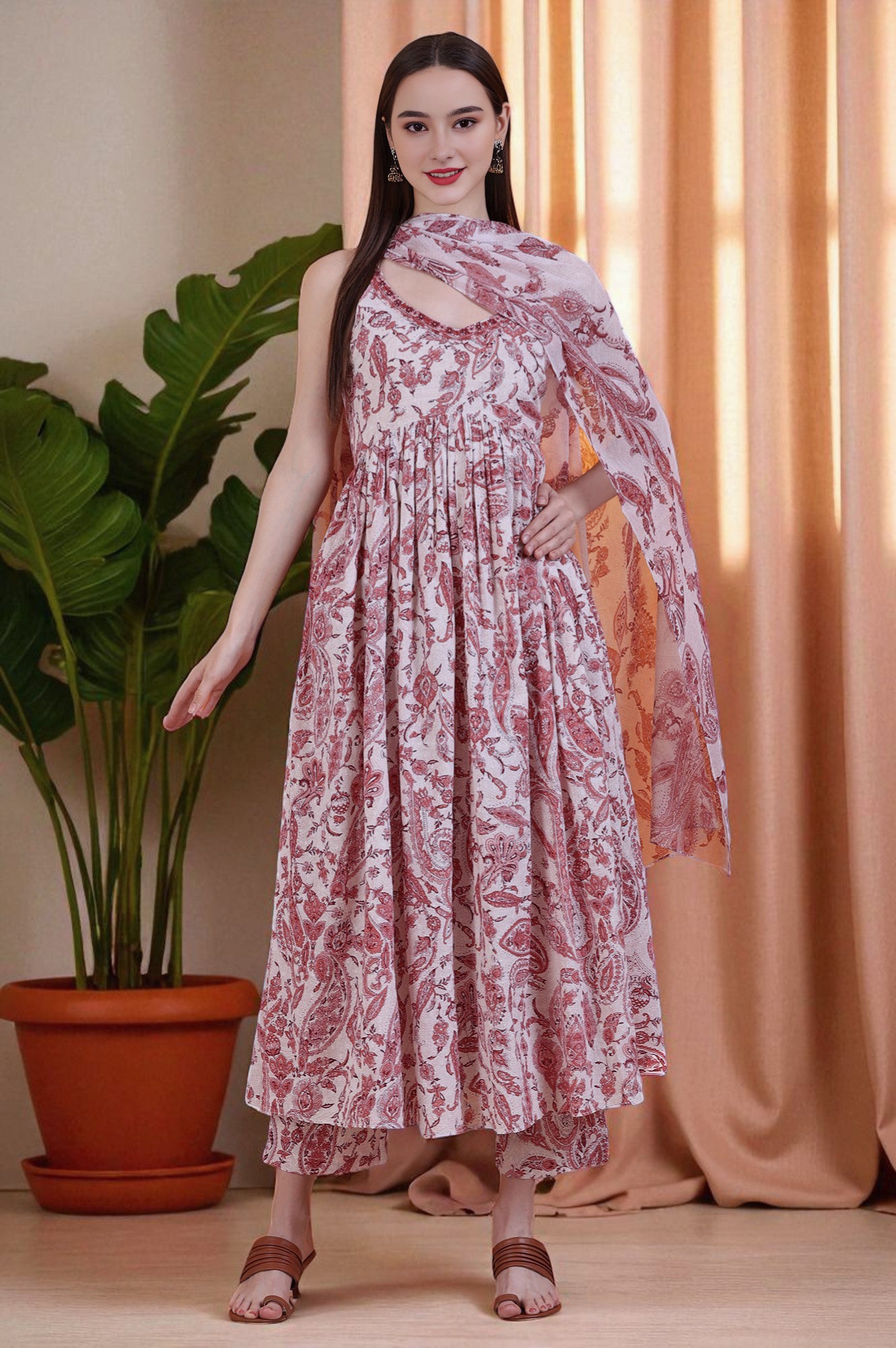 White Paisley Printed Swiss Dot Cotton Spaghetti Kurta, Pants and Dupatta Set