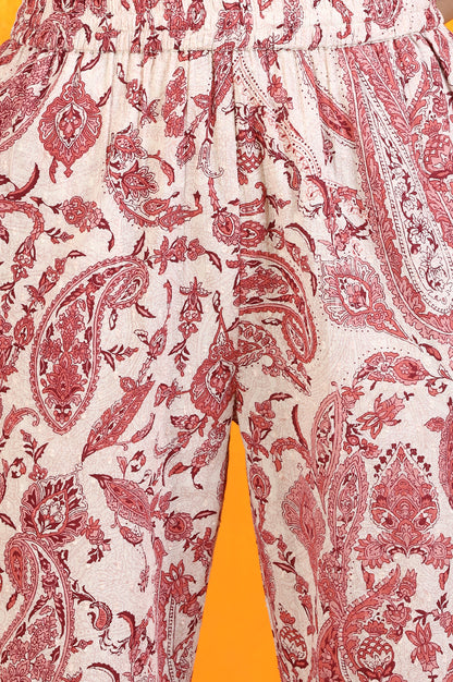 White Paisley Printed Swiss Dot Cotton Spaghetti Kurta, Pants and Dupatta Set