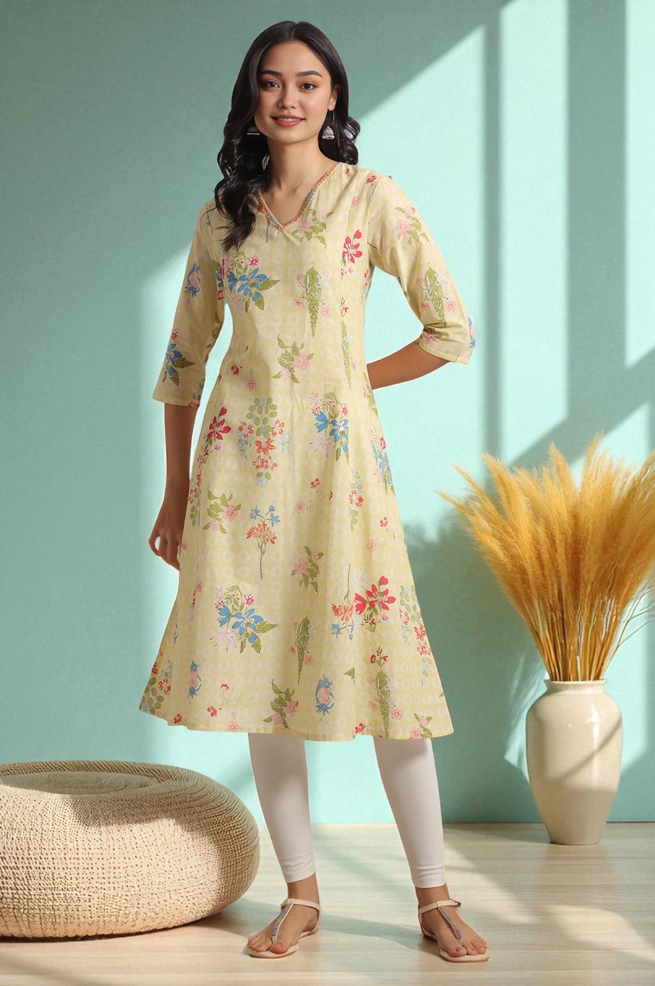 Yellow Floral Printed A-line Pure Cotton Kurta and Leggings Set