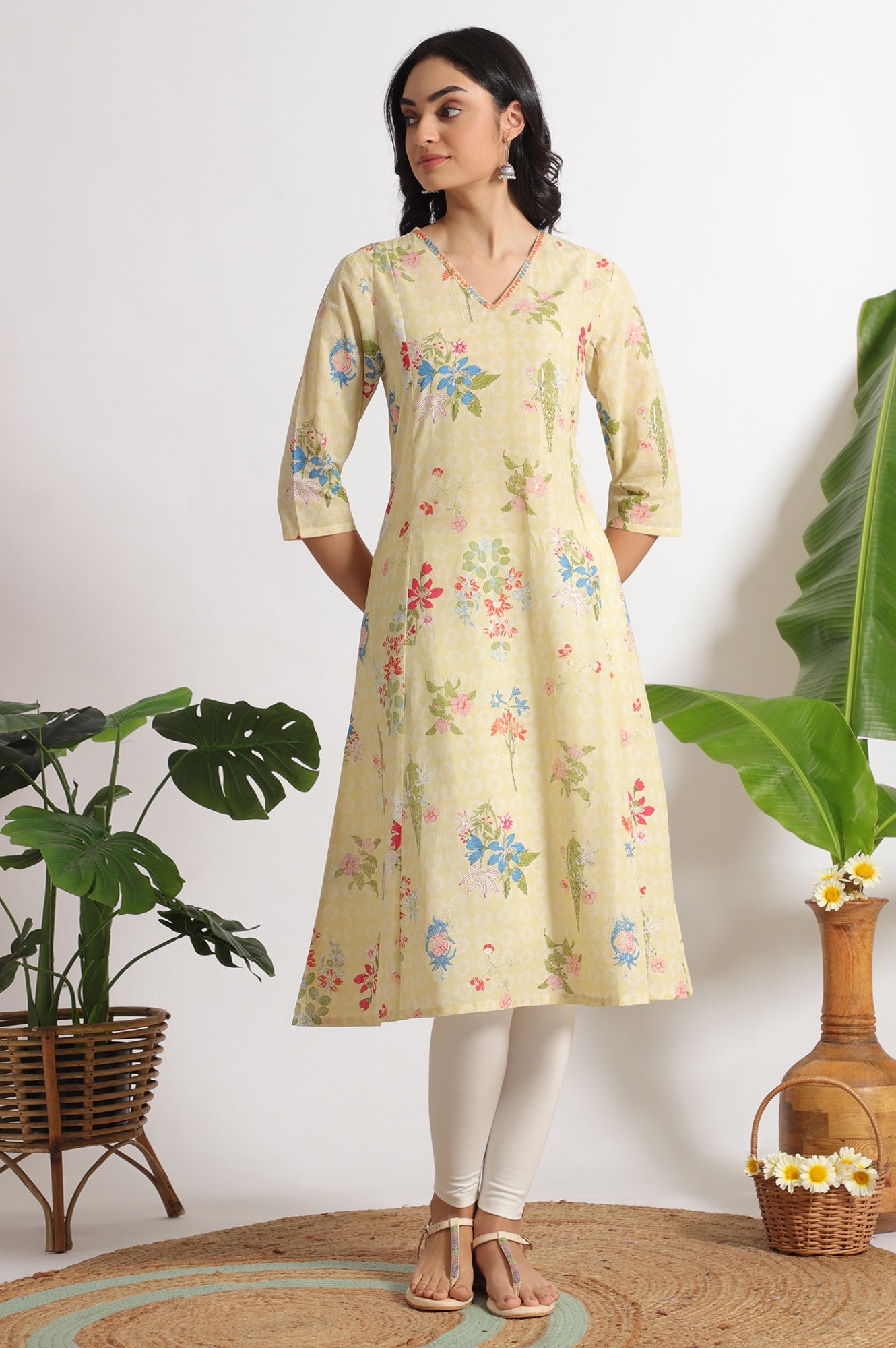 Yellow Floral Printed A-line Pure Cotton Kurta and Leggings Set