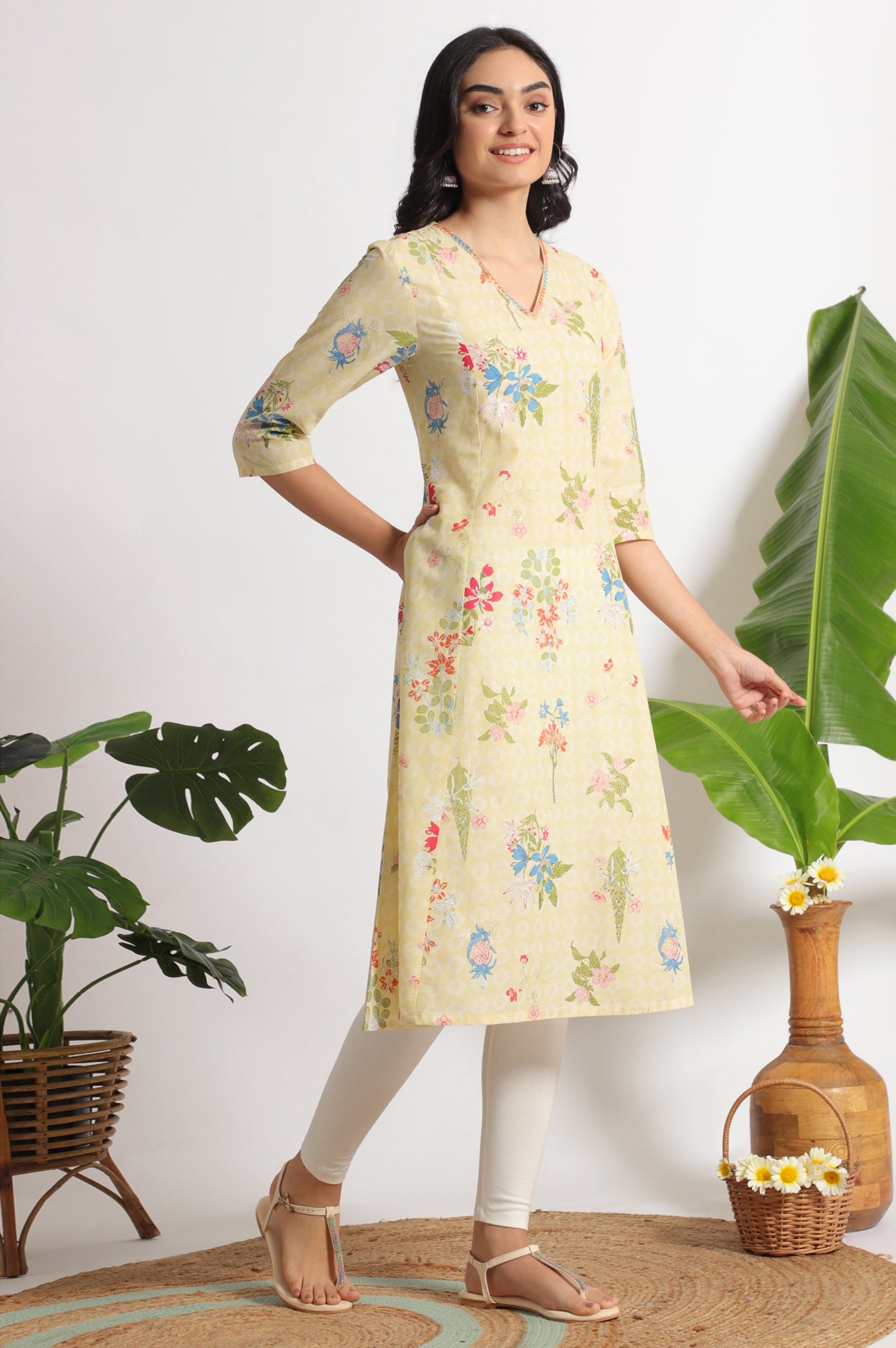 Yellow Floral Printed A-line Pure Cotton Kurta and Leggings Set