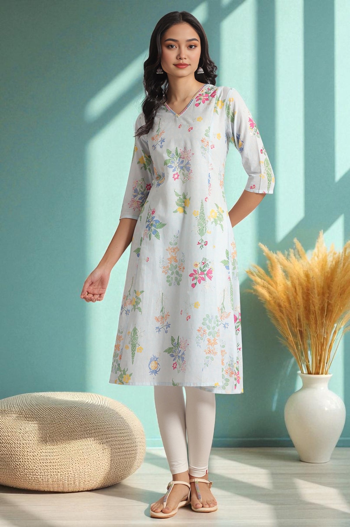 Light Blue Floral Printed A-line Pure Cotton Kurta and Leggings Set - XS