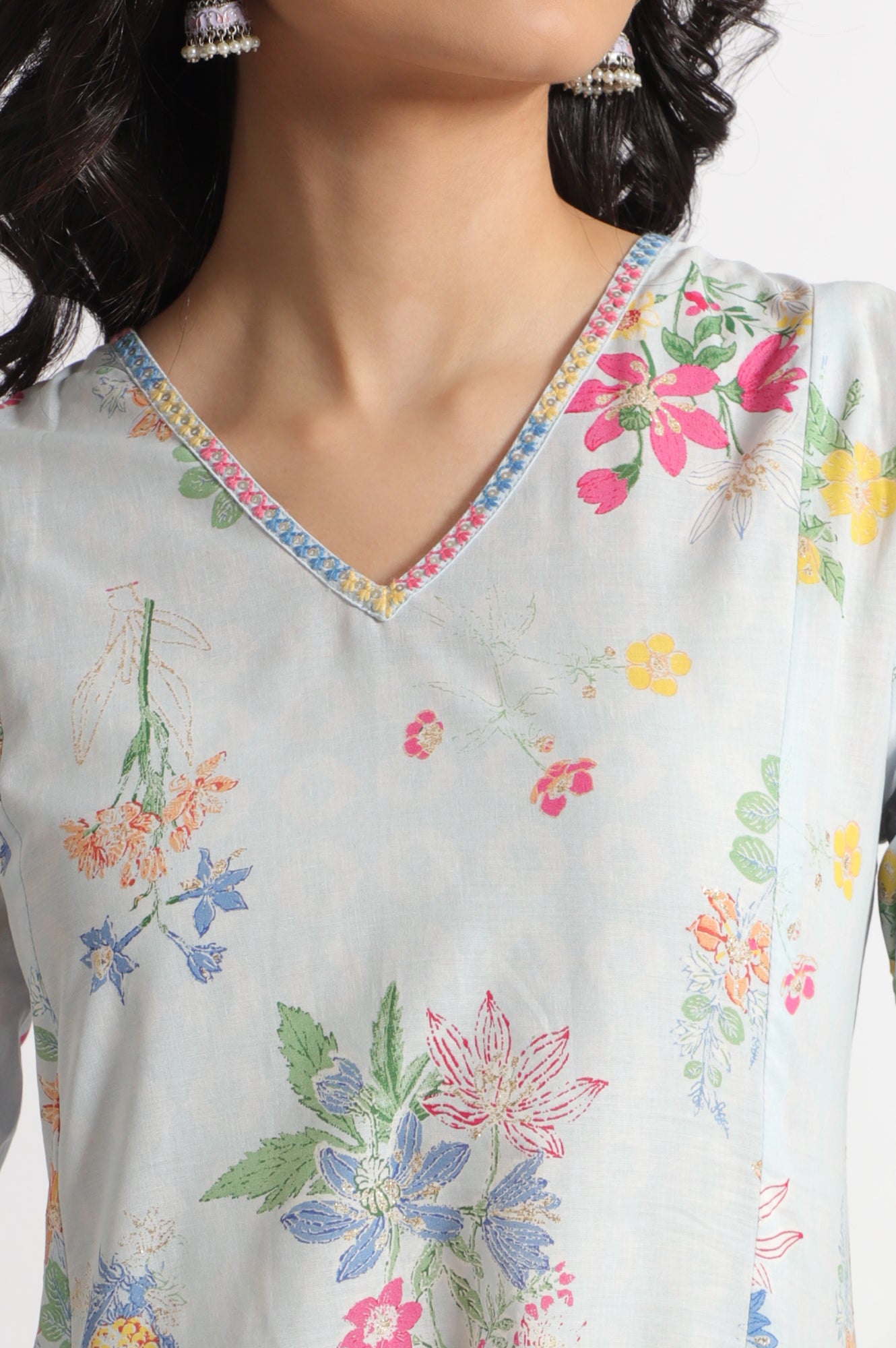 Light Blue Floral Printed A-line Pure Cotton Kurta and Leggings Set