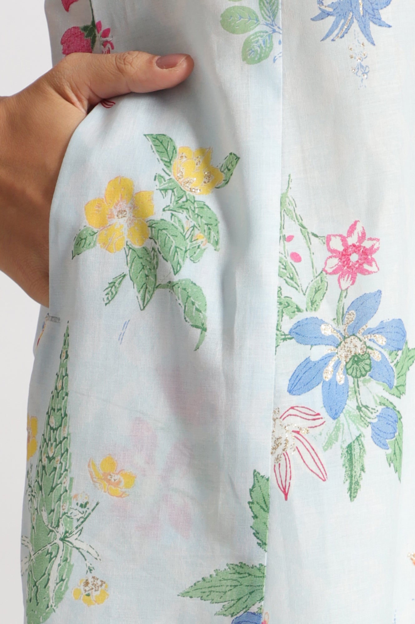 Light Blue Floral Printed A-line Pure Cotton Kurta and Leggings Set