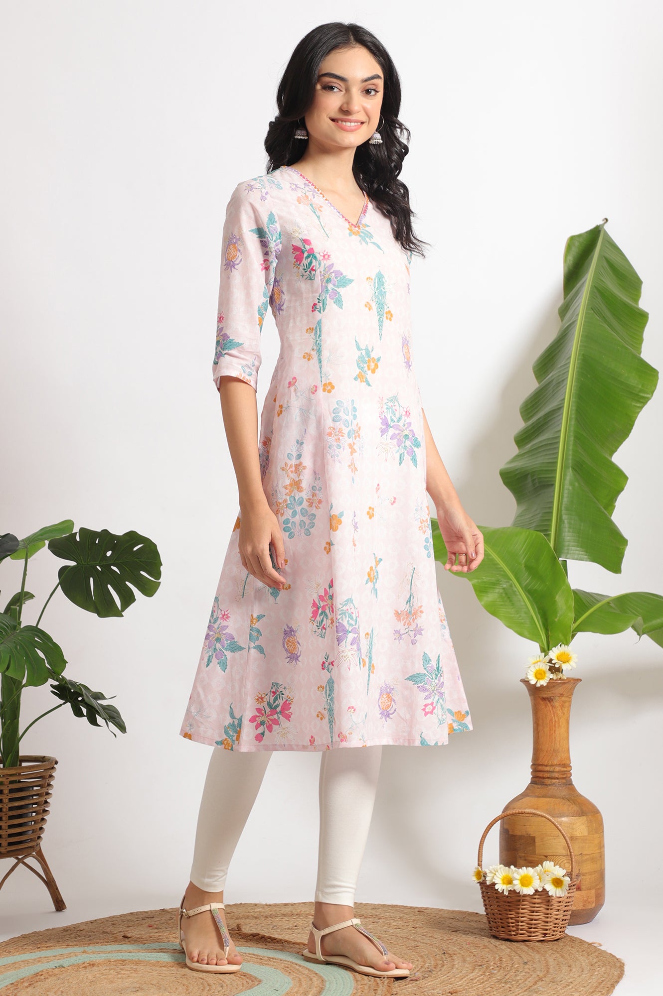 Light Pink Floral Printed A-line Pure Cotton Kurta and Leggings Set