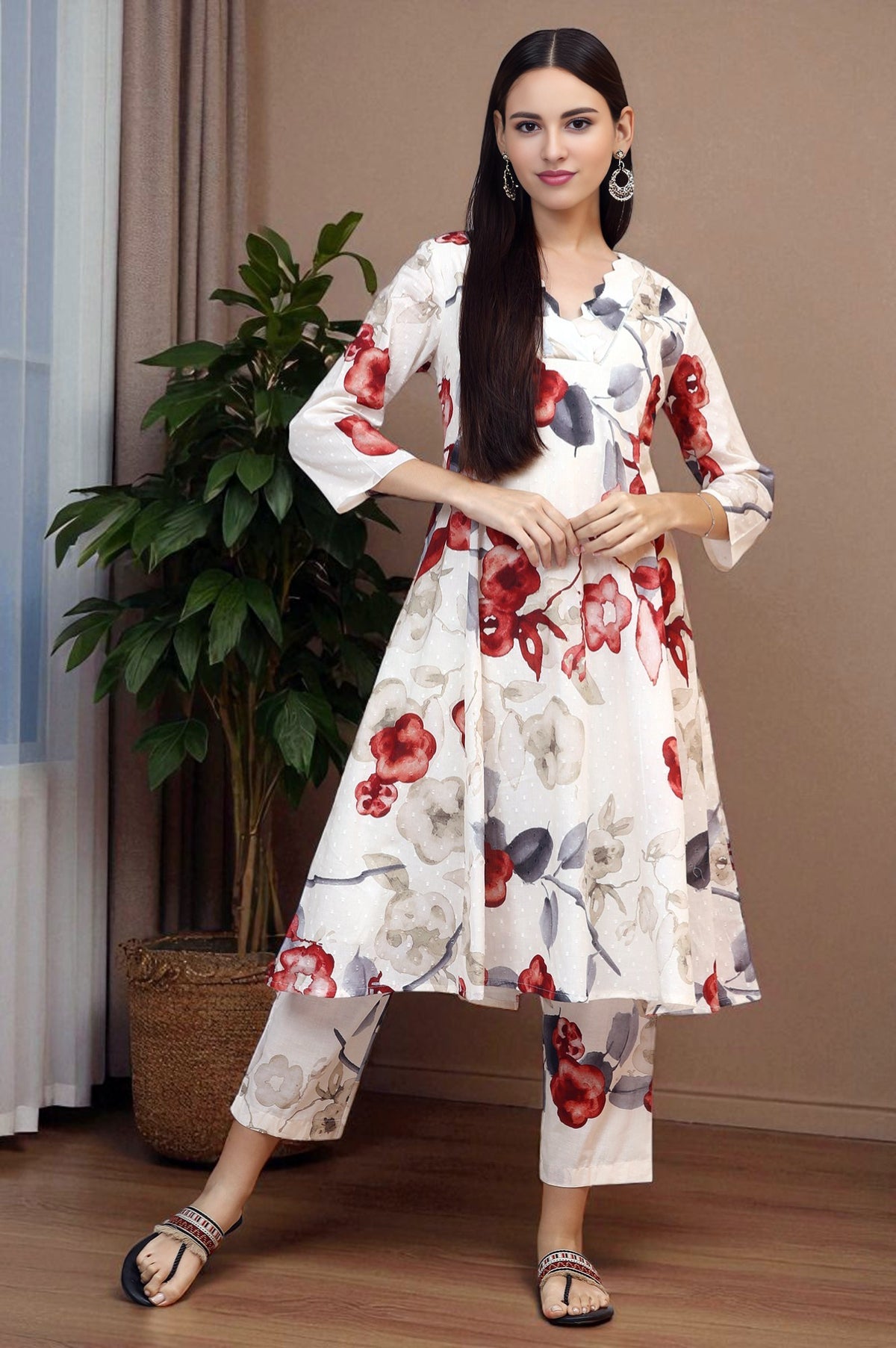 White Bold Floral Printed Pure Cotton Swiss Dot Flared Kurta and Pants Co-ord Set - S