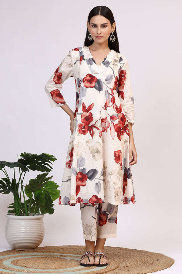 White Bold Floral Printed Pure Cotton Swiss Dot Flared Kurta and Pants Co-ord Set