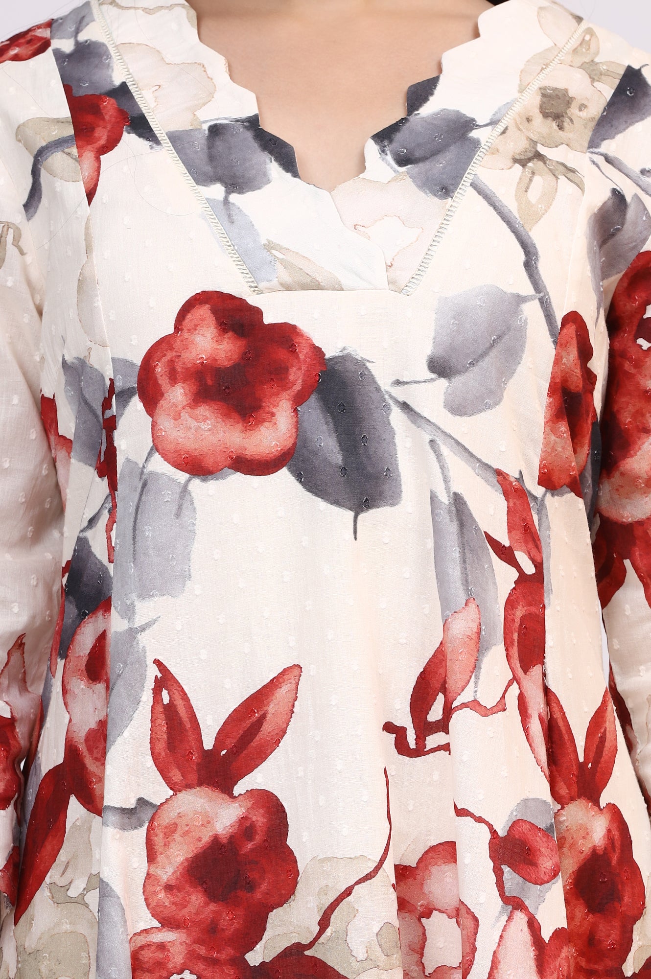 White Bold Floral Printed Pure Cotton Swiss Dot Flared Kurta and Pants Co-ord Set