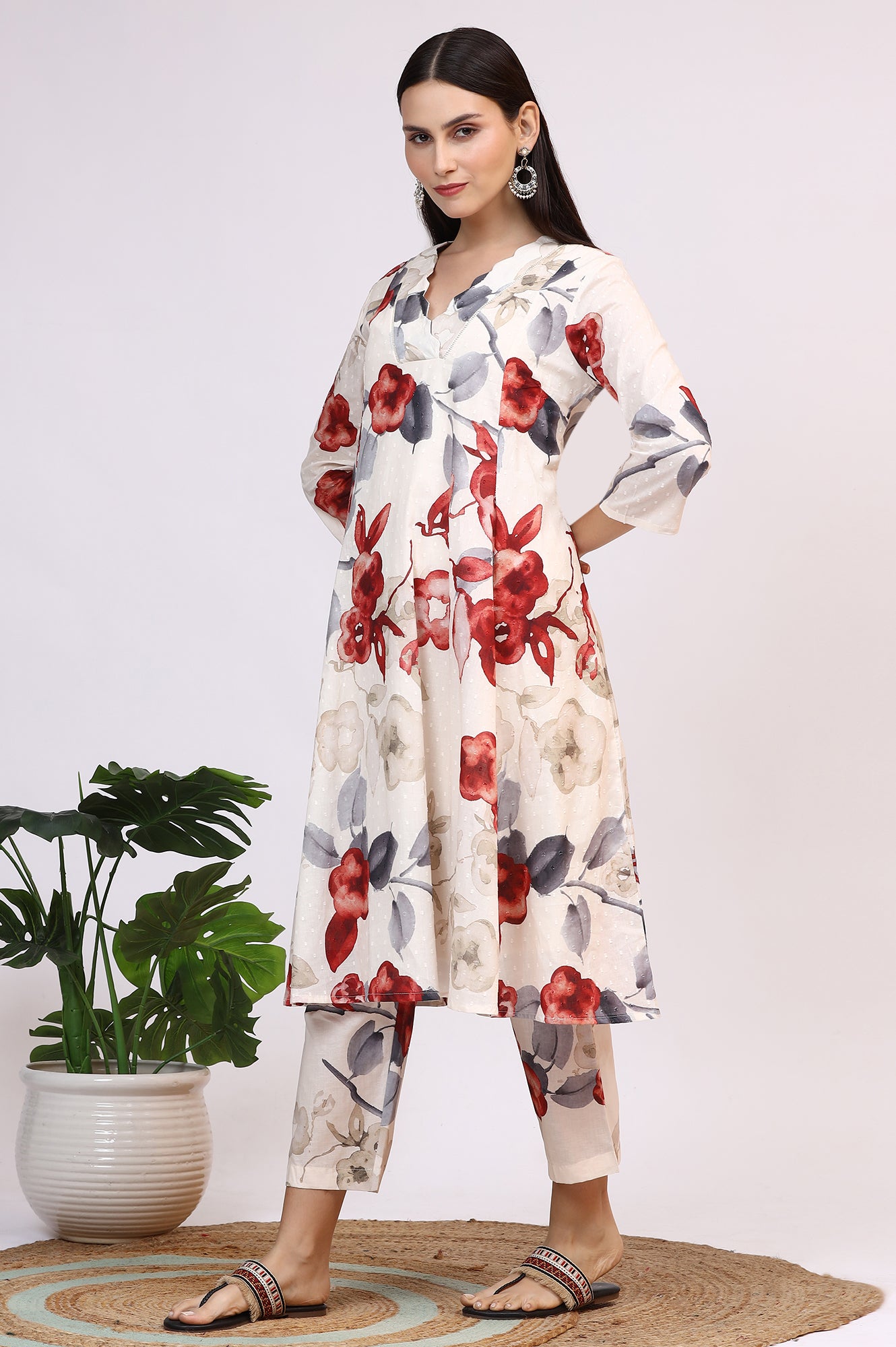 White Bold Floral Printed Pure Cotton Swiss Dot Flared Kurta and Pants Co-ord Set