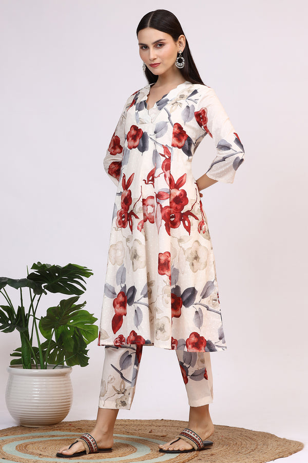 White Bold Floral Printed Pure Cotton Swiss Dot Flared Kurta and Pants Co-ord Set