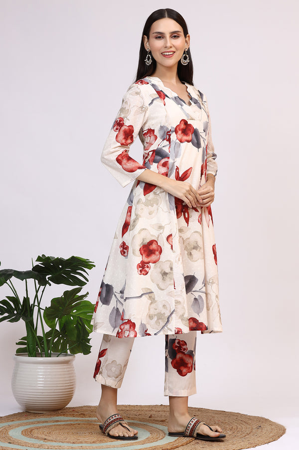 White Bold Floral Printed Pure Cotton Swiss Dot Flared Kurta and Pants Co-ord Set