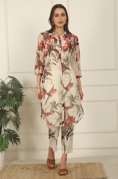 Off-White Floral Printed Organza Shirt Kurta and Pants Co-ord Set