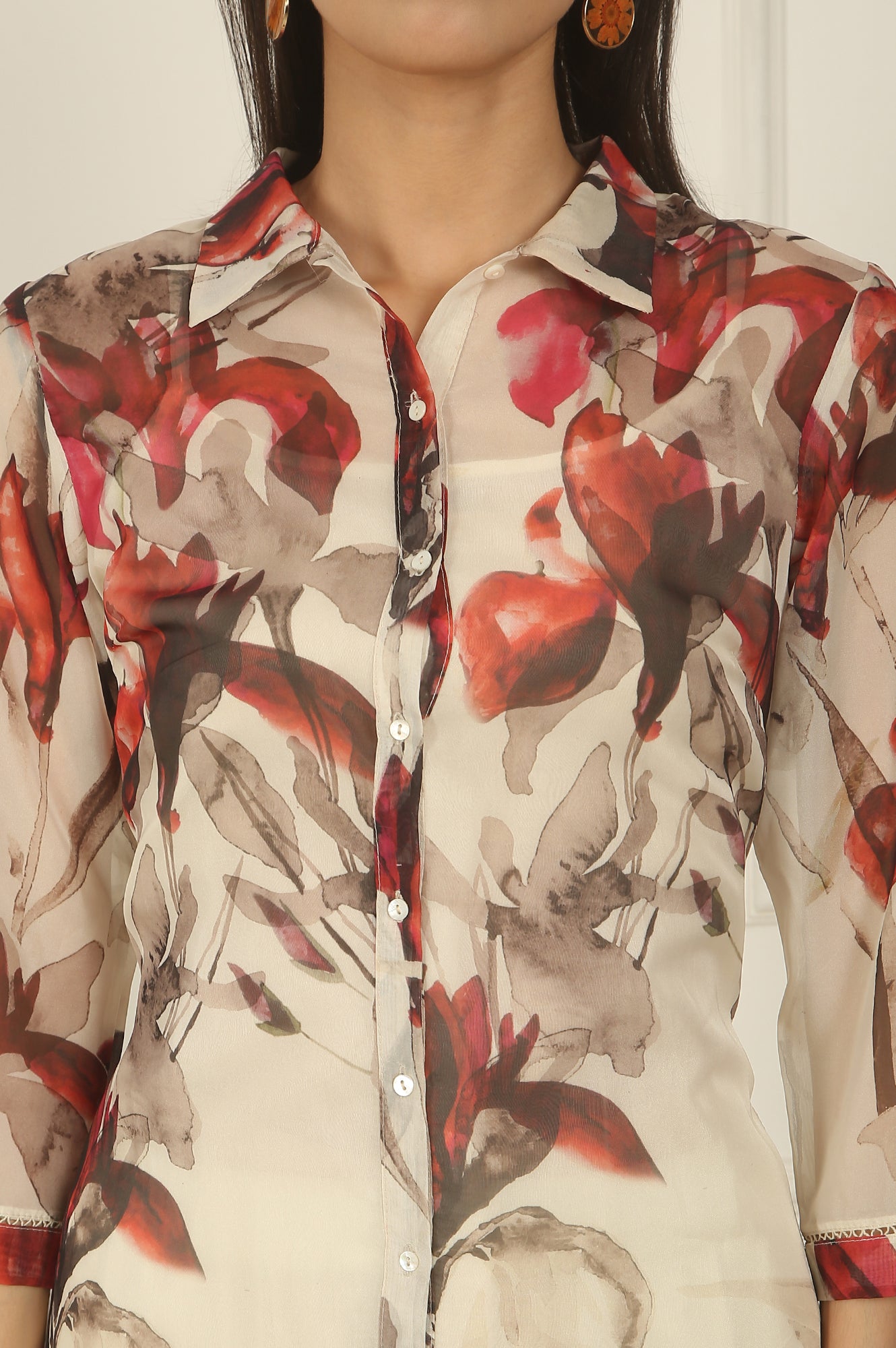 Off-White Floral Printed Organza Shirt Kurta and Pants Co-ord Set