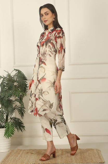 Off-White Floral Printed Organza Shirt Kurta and Pants Co-ord Set