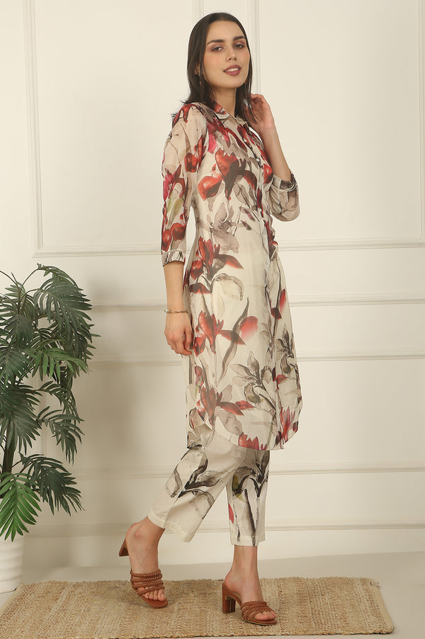 Off-White Floral Printed Organza Shirt Kurta and Pants Co-ord Set