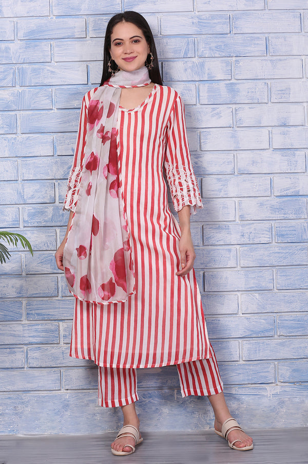 White and Red Stripe Straight Cotton Crepe Kurta and Pants Co-ord Set with Dupatta