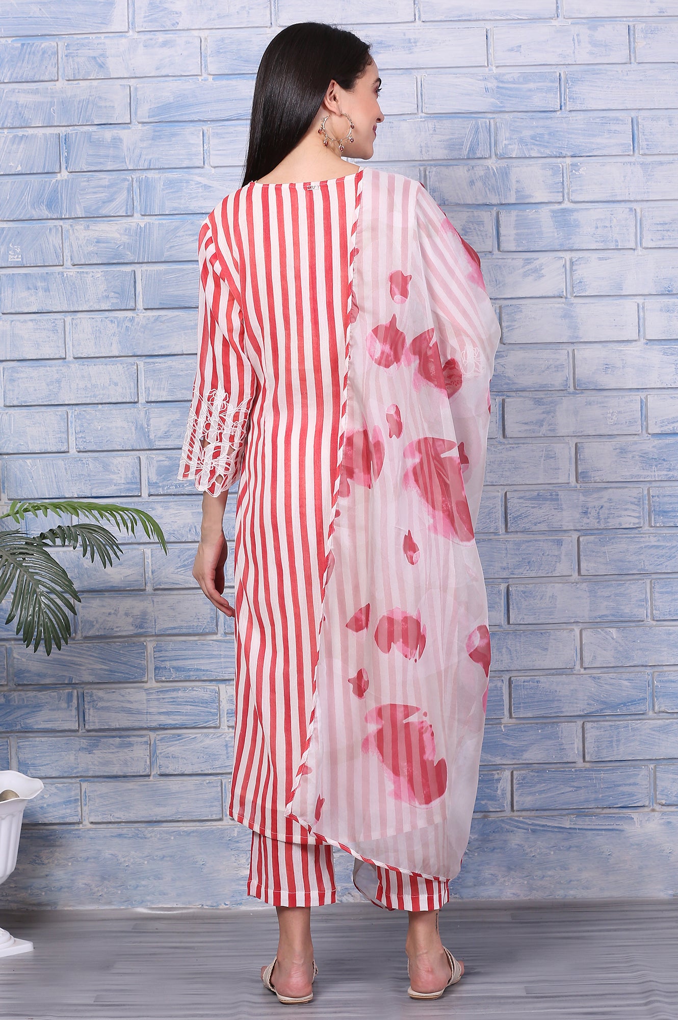 White and Red Stripe Straight Cotton Crepe Kurta and Pants Co-ord Set with Dupatta