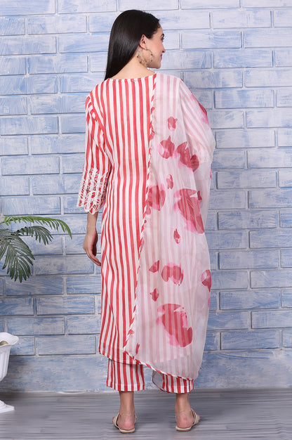 White and Red Stripe Straight Cotton Crepe Kurta and Pants Co-ord Set with Dupatta