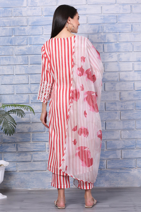 White and Red Stripe Straight Cotton Crepe Kurta and Pants Co-ord Set with Dupatta
