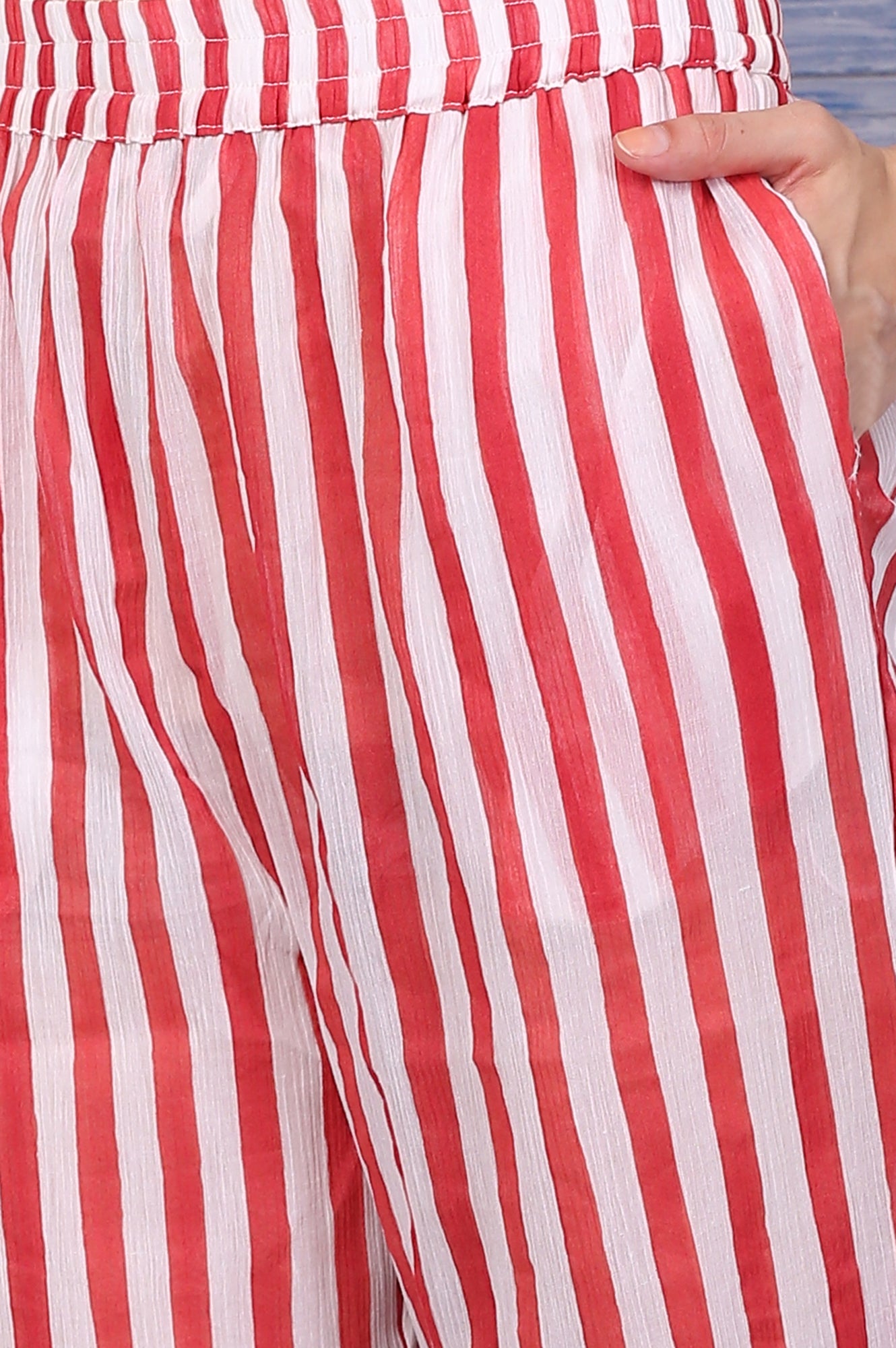 White and Red Stripe Straight Cotton Crepe Kurta and Pants Co-ord Set with Dupatta