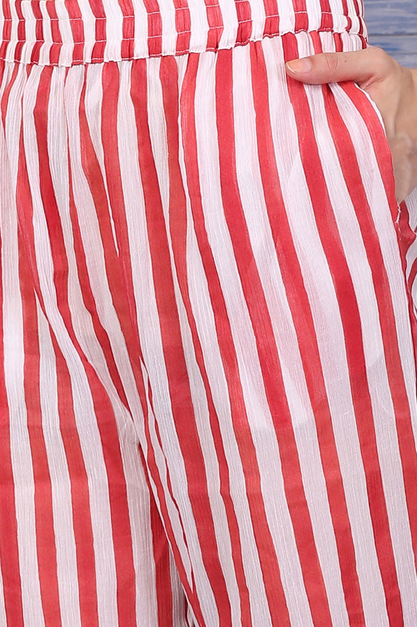 White and Red Stripe Straight Cotton Crepe Kurta and Pants Co-ord Set with Dupatta