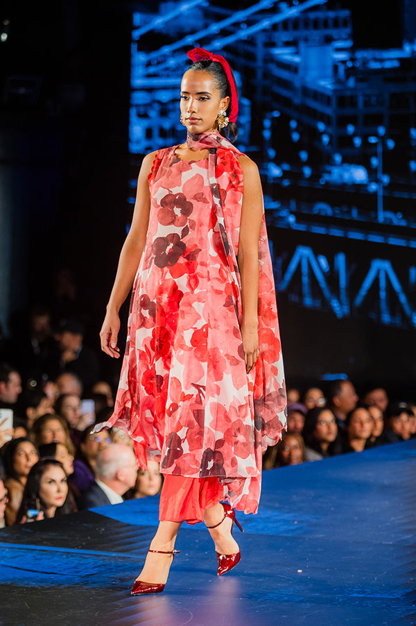 Crimson Red Bold Floral Printed Organza Sleeveless Flared Kurta, Pants and Dupatta Set