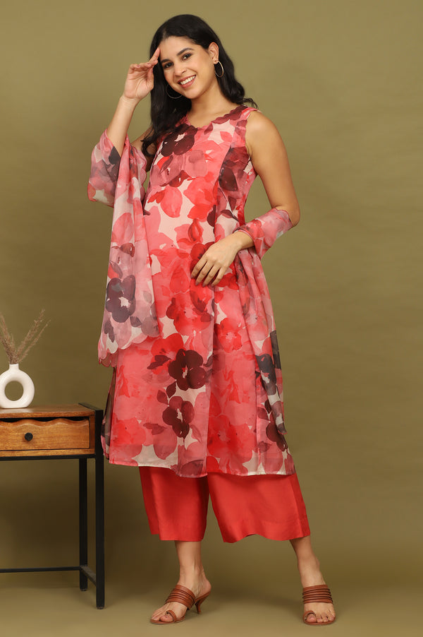 Crimson Red Bold Floral Printed Organza Sleeveless Flared Kurta, Pants and Dupatta Set