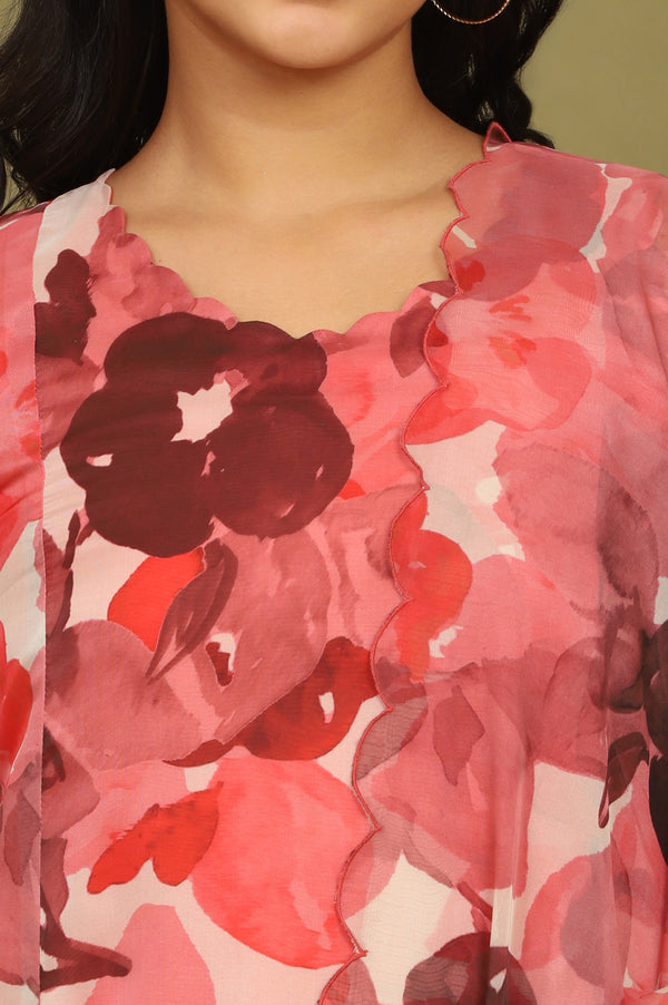 Crimson Red Bold Floral Printed Organza Sleeveless Flared Kurta, Pants and Dupatta Set