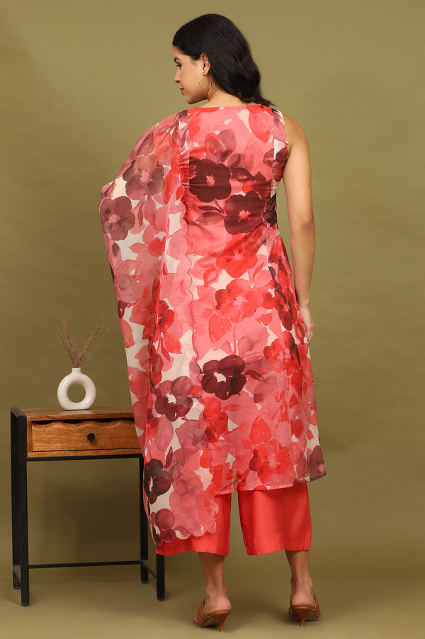 Crimson Red Bold Floral Printed Organza Sleeveless Flared Kurta, Pants and Dupatta Set