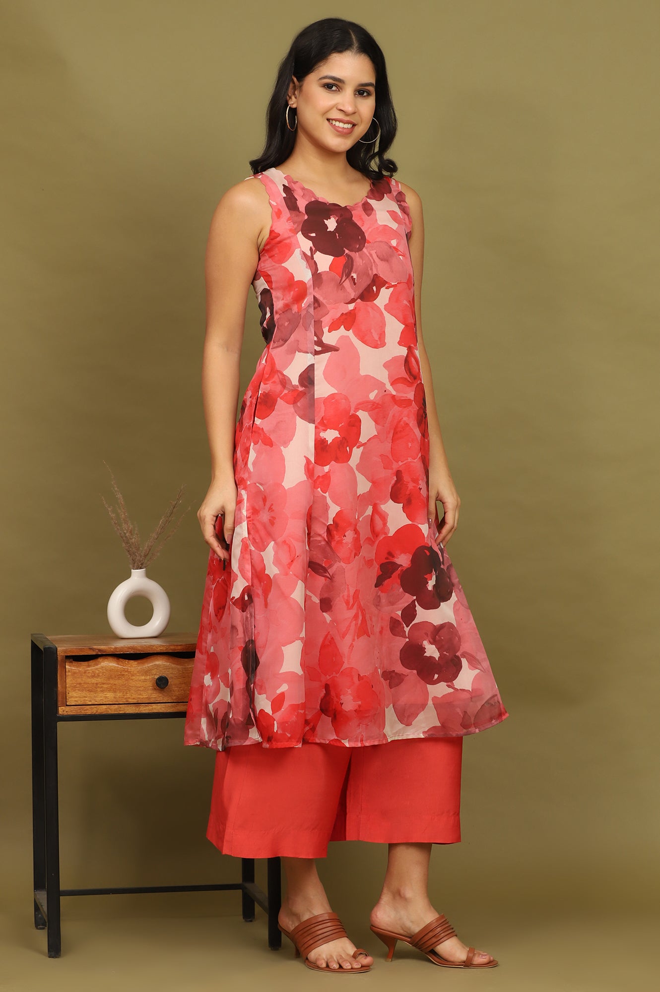 Crimson Red Bold Floral Printed Organza Sleeveless Flared Kurta, Pants and Dupatta Set