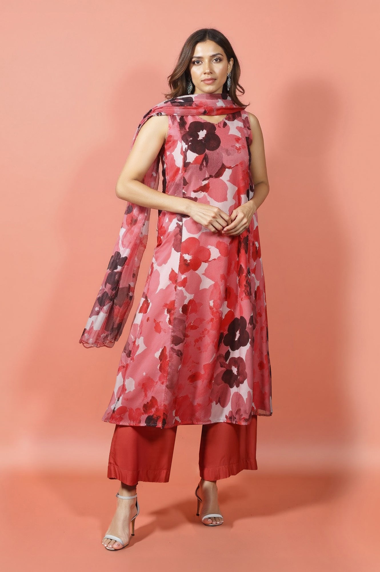 Crimson Red Bold Floral Printed Organza Sleeveless Flared Kurta, Pants and Dupatta Set