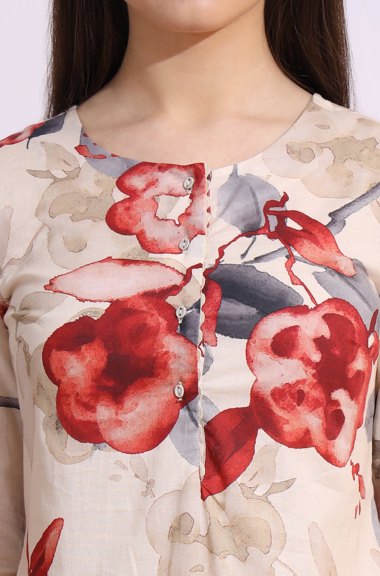 White Bold Floral Printed Pure Cotton Straight Kurta and Pants Co-Ords Set