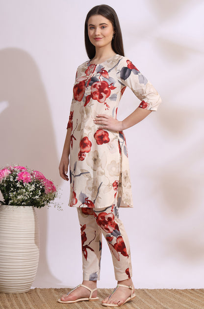 White Bold Floral Printed Pure Cotton Straight Kurta and Pants Co-Ords Set