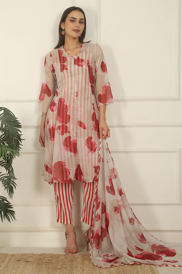 White and Red Printed Layered Organza Kurta, Pants and Dupatta Set
