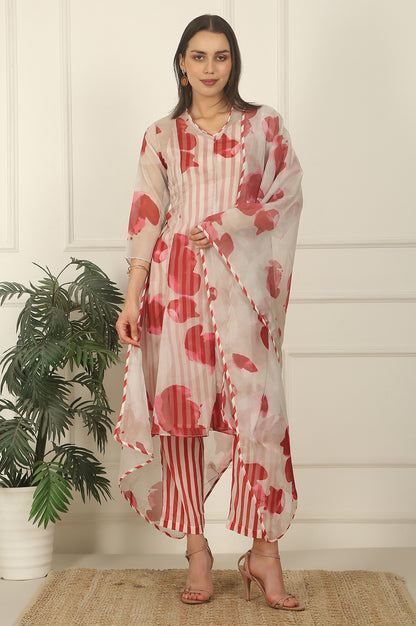 White and Red Printed Layered Organza Kurta, Pants and Dupatta Set