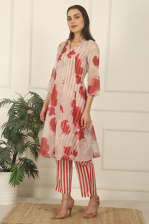 White and Red Printed Layered Organza Kurta, Pants and Dupatta Set