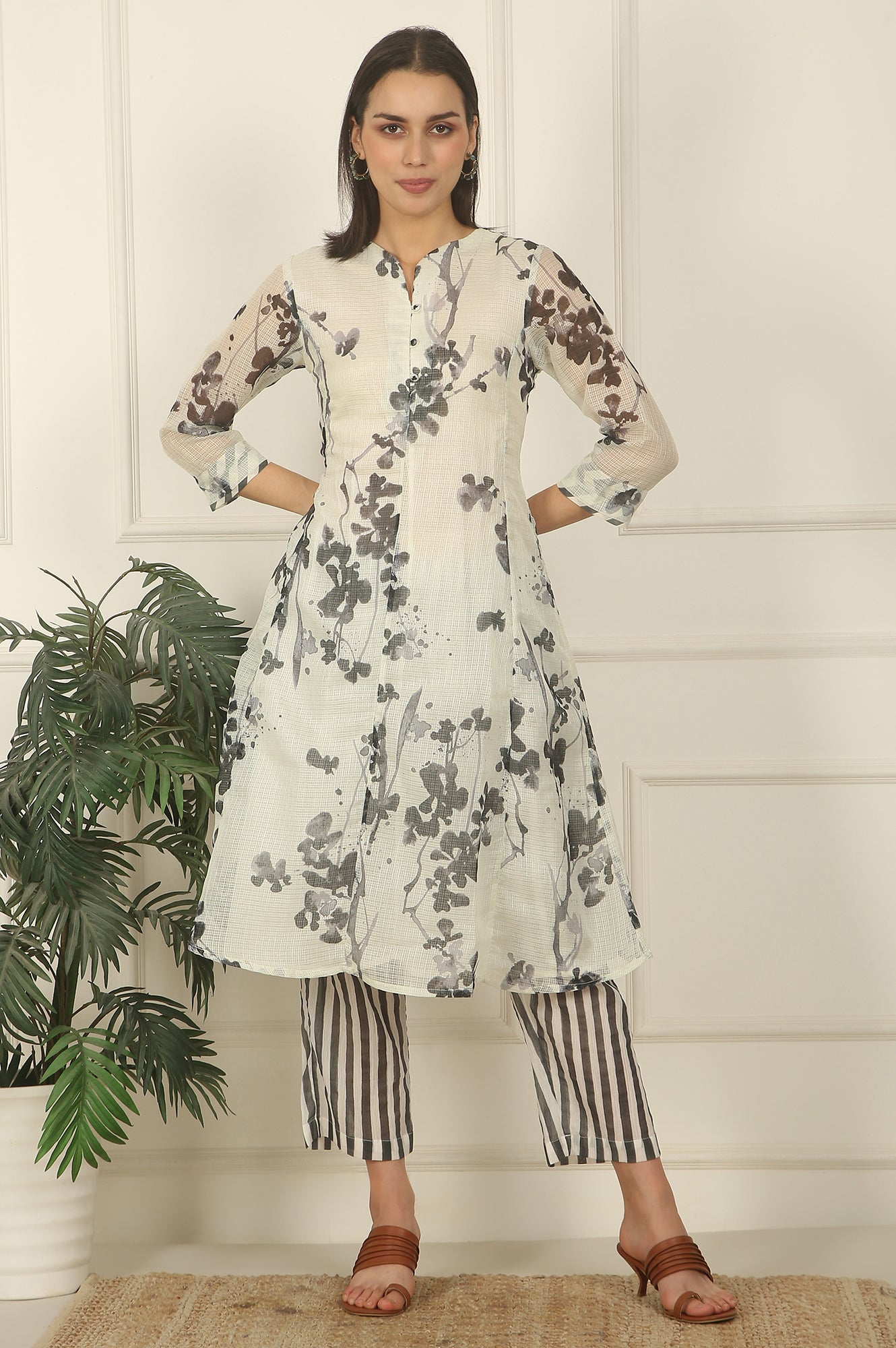 White and Black Floral Printed Kota Flared Kurta and Pants Set