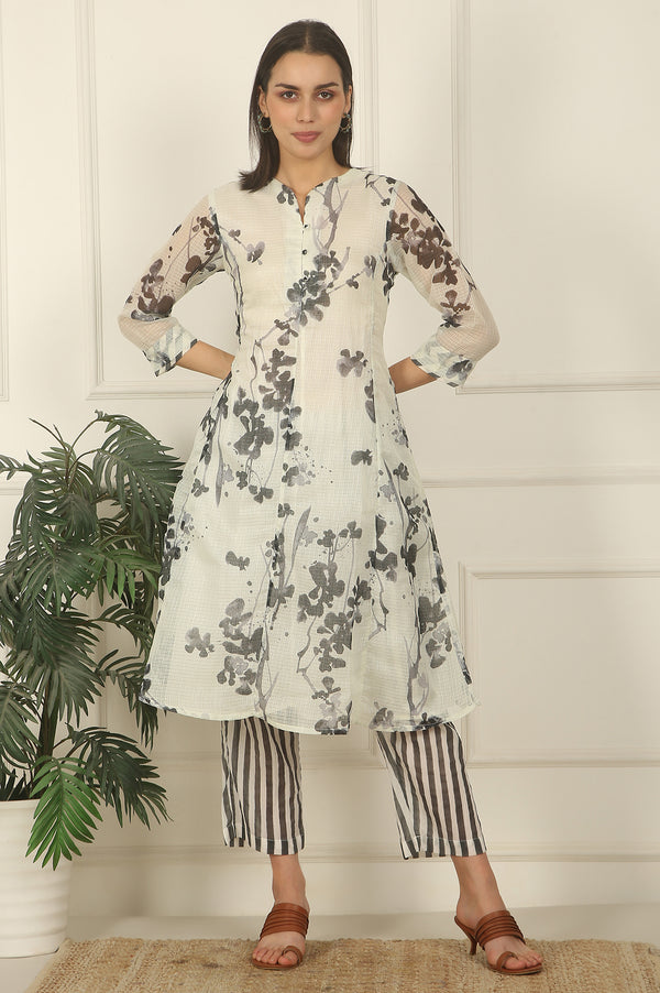 White and Black Floral Printed Kota Flared Kurta and Pants Set