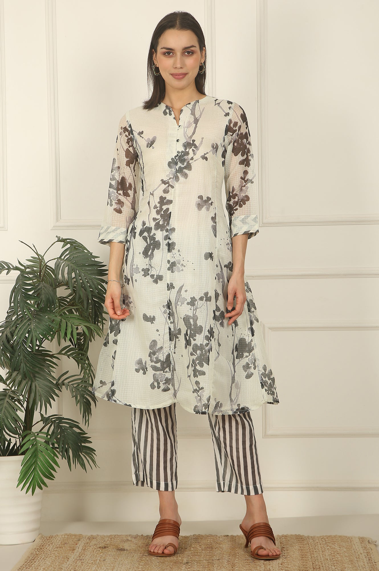 White and Black Floral Printed Kota Flared Kurta and Pants Set