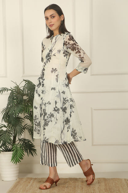 White and Black Floral Printed Kota Flared Kurta and Pants Set
